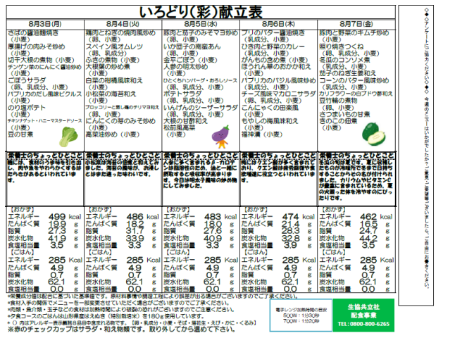 ８月３日（月）　～　８月７日（金）　「いろどり」弁当　献立表
