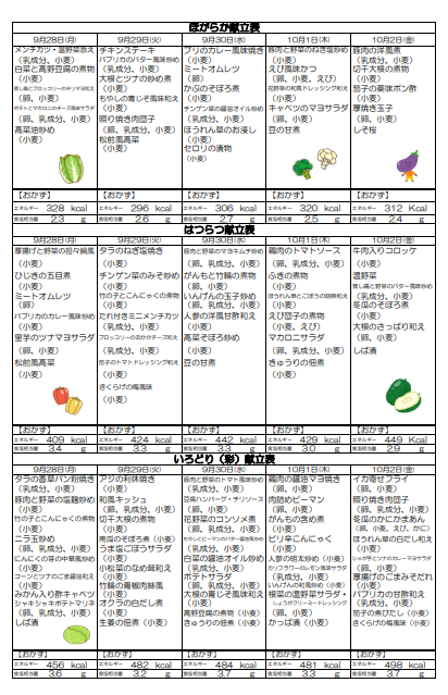 翌週　９月２８日（月）　～　１０月２日（金）献立予定表です。